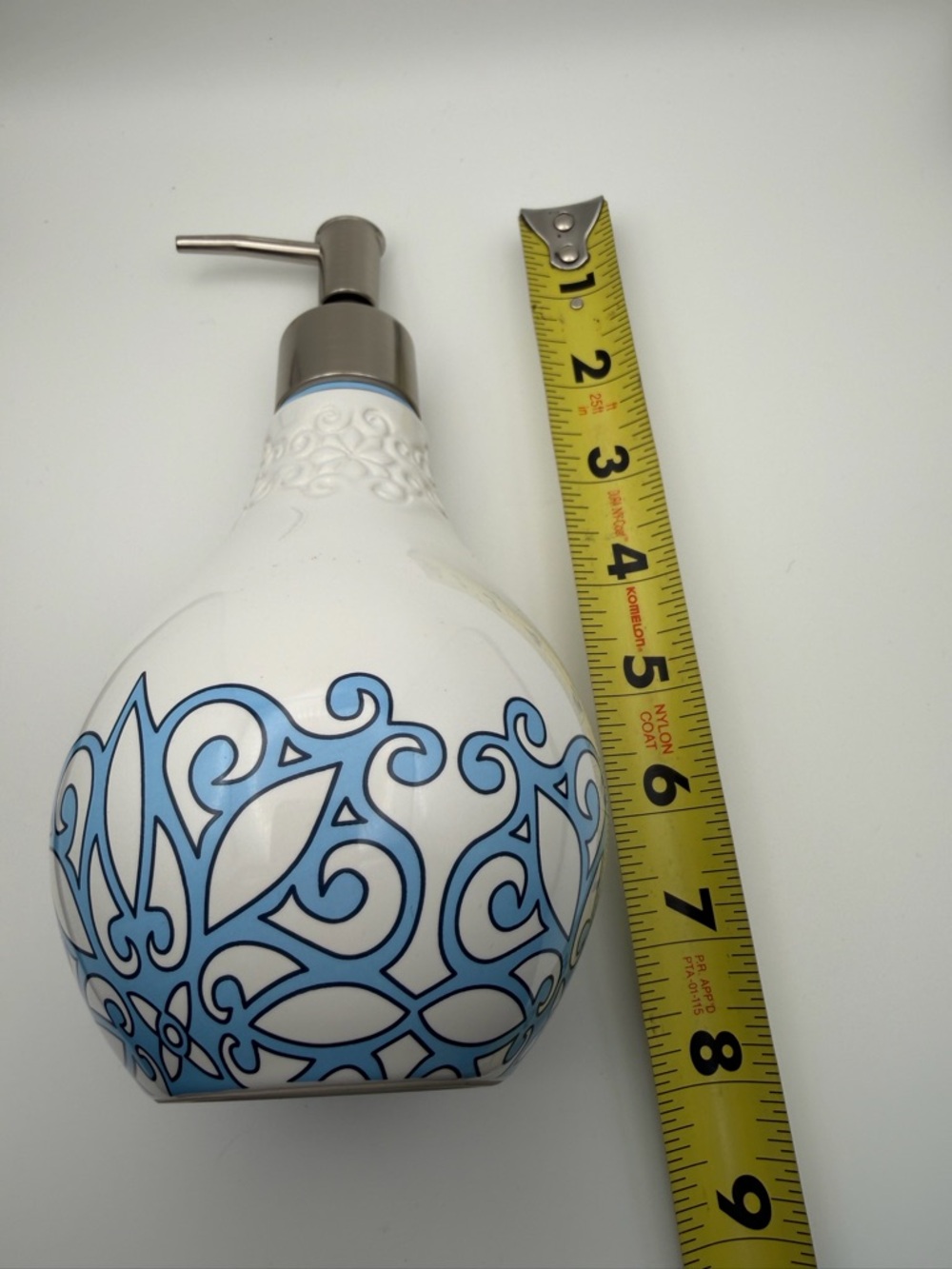 White and Blue Ceramic Soap Dispenser, Decorative Bath Accessory - Picture 2 of 7